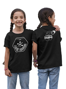 Two young campers in black INME t-shirts